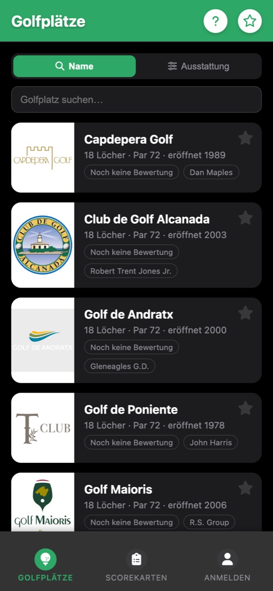 Liste der Golfplätze in der App