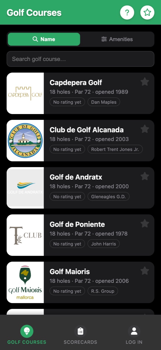 List of golf courses in the app