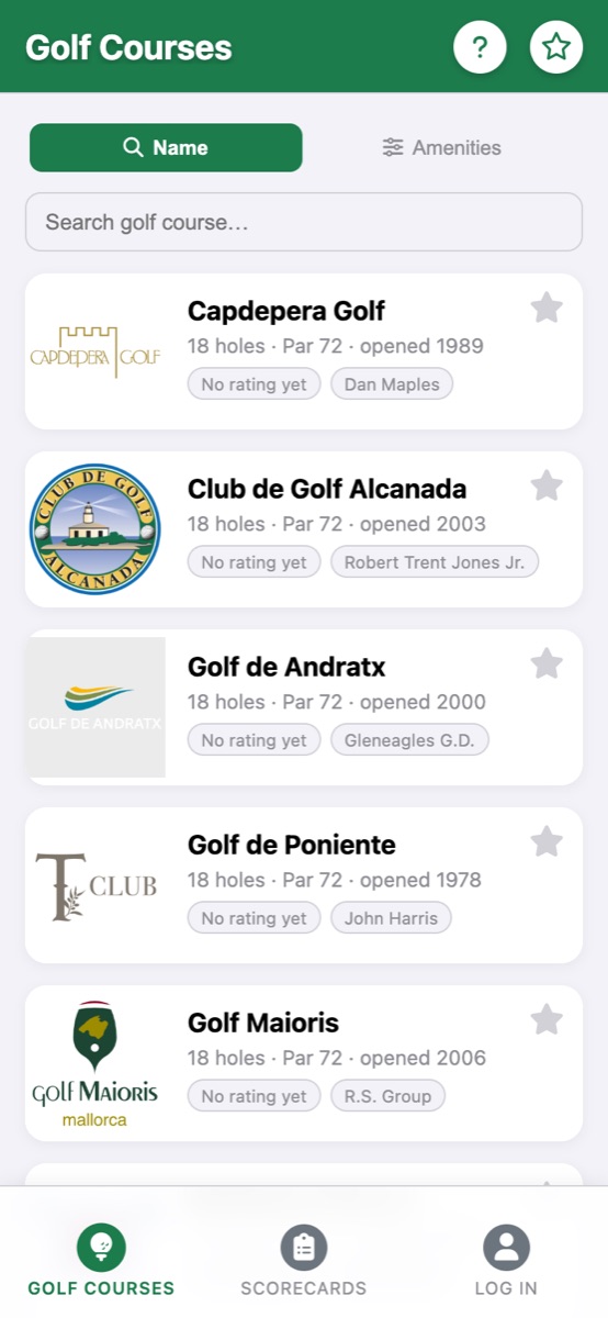 List of golf courses in the app