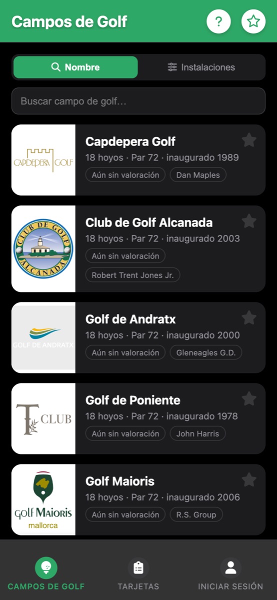 Lista de campos de golf en la app