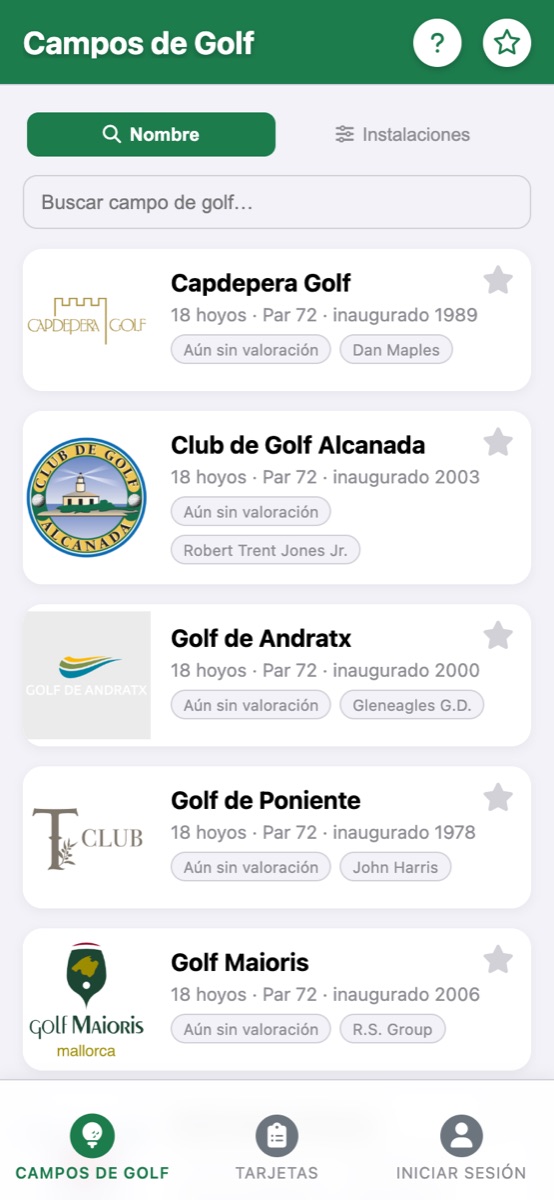 Lista de campos de golf en la app